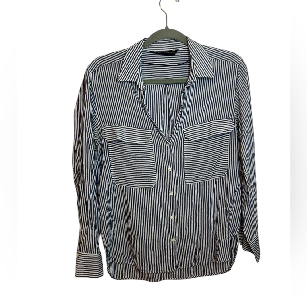 Zara Blue Striped Pocket Boyfriend Shirt